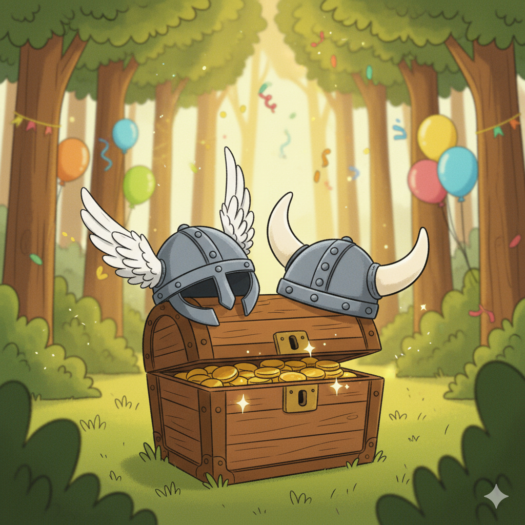 Casques gaulois et viking sur un coffre au trésor